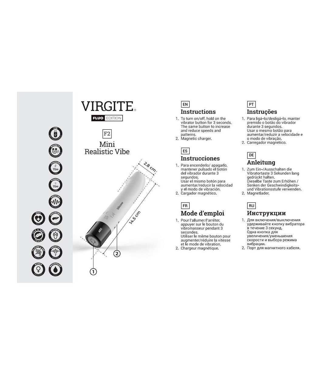 VIRGITE - FLUO - F2 FLUO SILICONE RECHARGEABLE VIBRATOR — zdjęcie 2