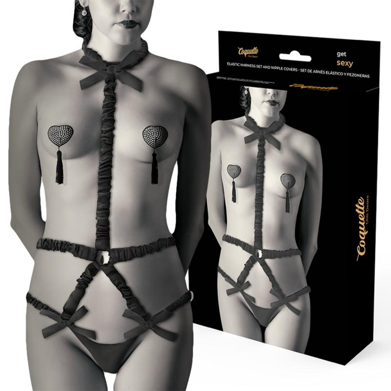 COQUETTE CHIC DESIRE - ELASTIC HARNESS SET AND NIPPLE COVERS BLACK — zdjęcie 2