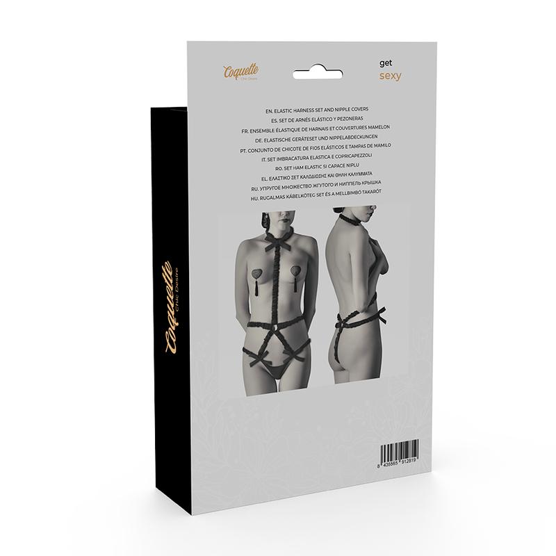 COQUETTE CHIC DESIRE - ELASTIC HARNESS SET AND NIPPLE COVERS BLACK — zdjęcie 4