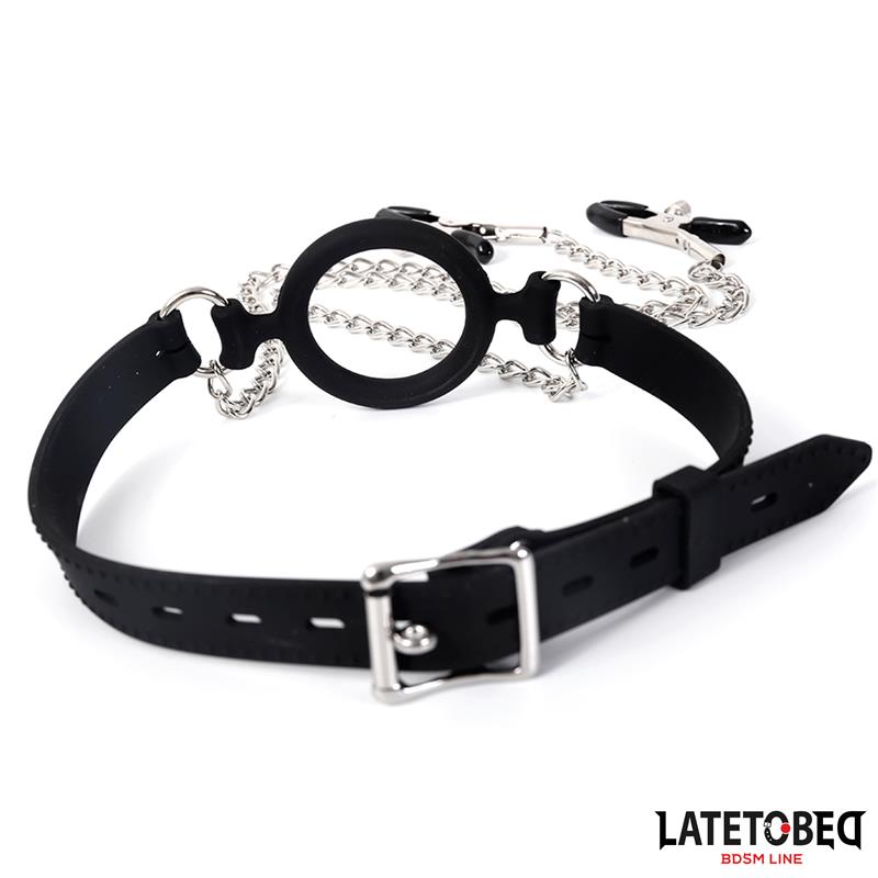 LATETOBED BDSM LINE - Open Mouth Gag with Nipple Clamps — zdjęcie 2
