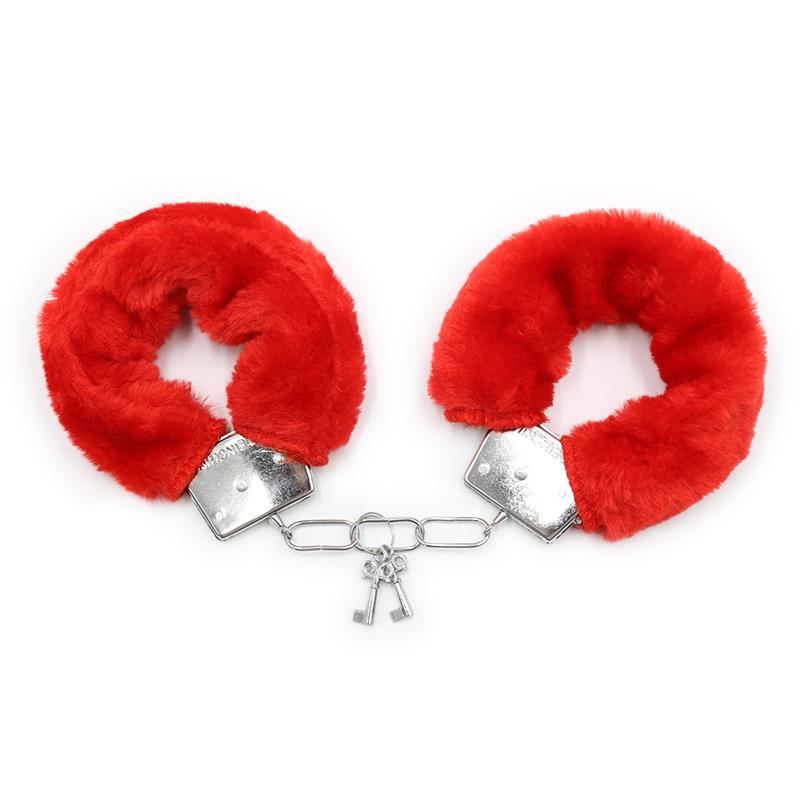 INTOYOU BDSM LINE - Furry Metal Handcuffs Red — zdjęcie 3