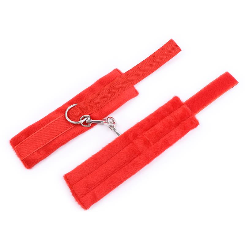 INTOYOU BDSM LINE - Handcuffs with Velcro with Long Fur Red — zdjęcie 3