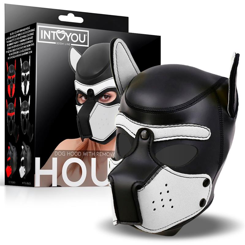 INTOYOU BDSM LINE - Hound Neoprene Dog Hood with Removable Muzzle White/Black One Size — zdjęcie 3