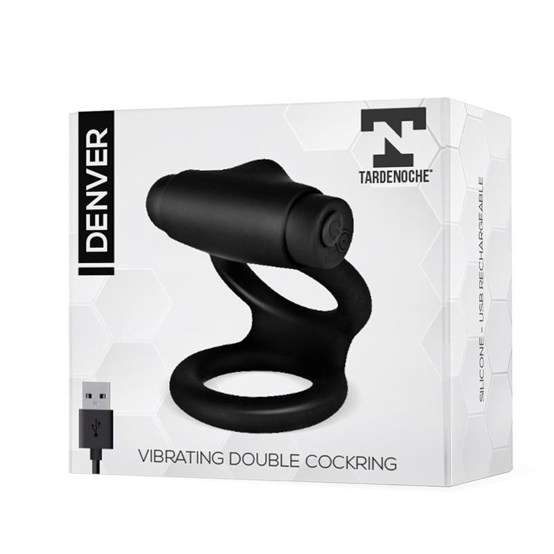 TARDENOCHE - Denver Double Cockring with Vibrating Bullet USB Silicone Black — zdjęcie 3