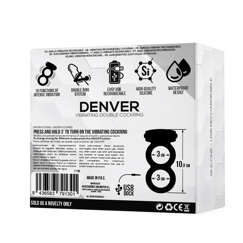 TARDENOCHE - Denver Double Cockring with Vibrating Bullet USB Silicone Black — zdjęcie 4