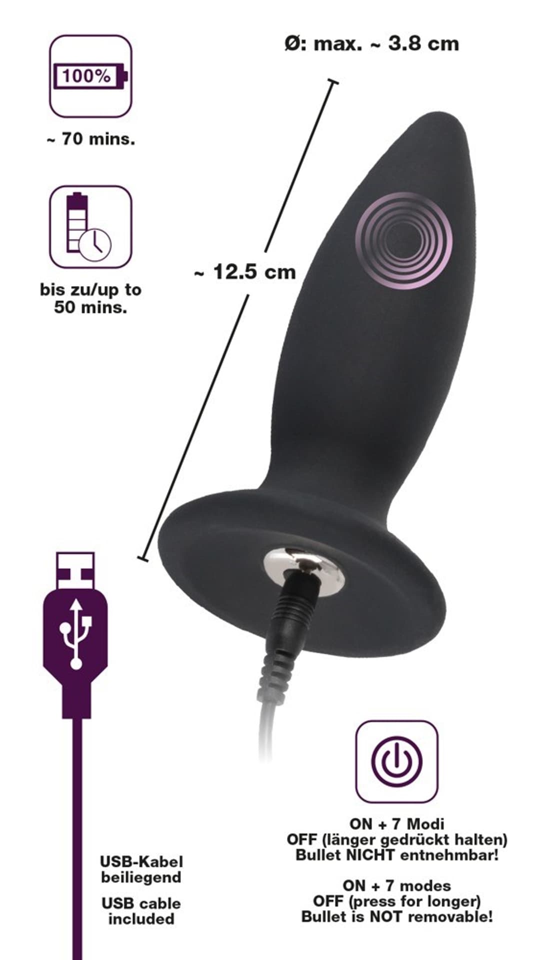 Korek analny silikonowy z wibracjami 12,5 cm Black Velvets — zdjęcie 3