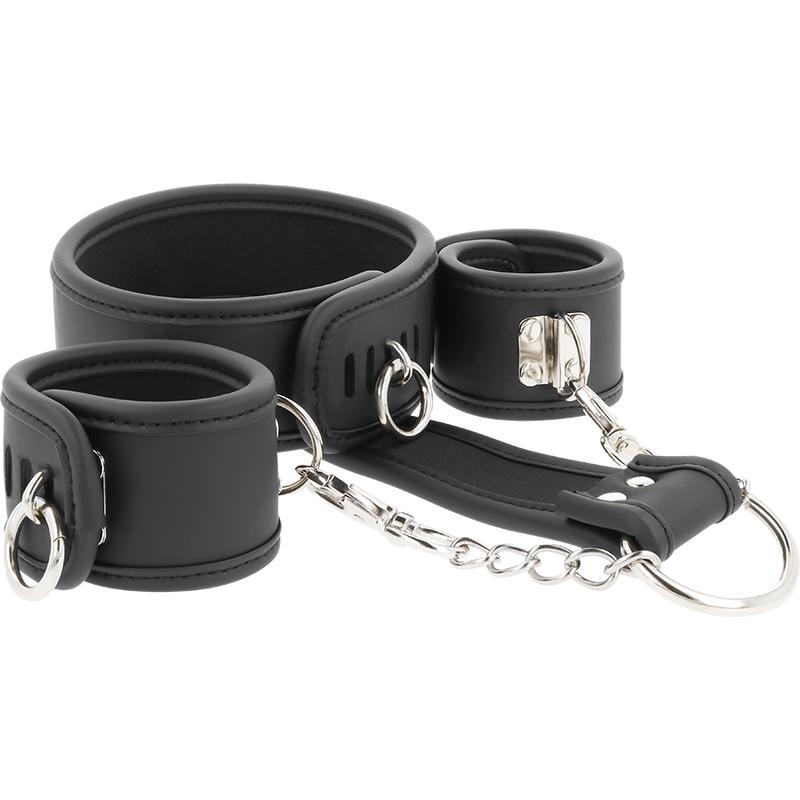 FETISH SUBMISSIVE - VEGAN LEATHER NECKLACE AND HANDCUFFS WITH NOPRENE LINING — zdjęcie 2