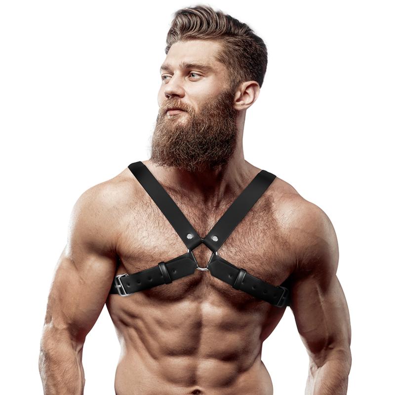FETISH SUBMISSIVE ATTITUDE - MENS ADJUSTABLE ECO-LEATHER CROSS CHEST BULLDOG HARNESS — zdjęcie 4