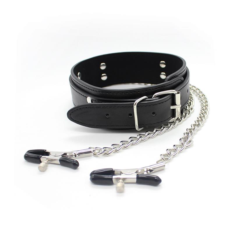LATETOBED BDSM LINE - Collar with Nipple Clamps and metal Chain Black — zdjęcie 2