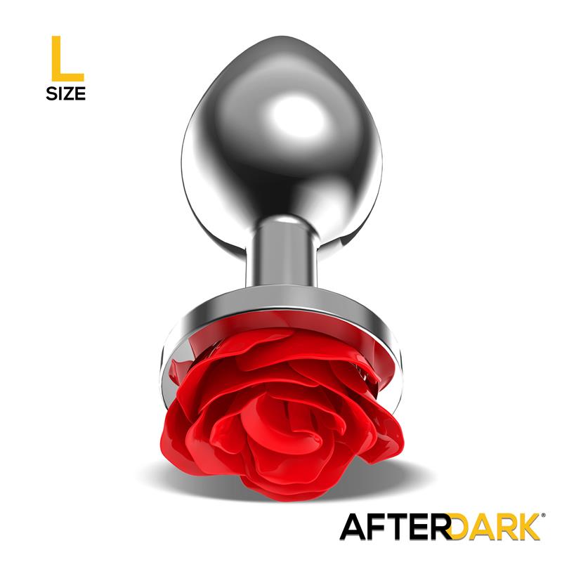 AFTERDARK - Silver Metal Anal Plug with Red Rose Base Size L — zdjęcie 2