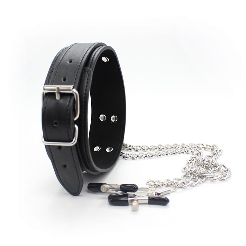 LATETOBED BDSM LINE - Collar with Nipple Clamps and metal Chain Black — zdjęcie 3