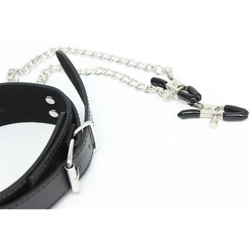 LATETOBED BDSM LINE - Collar with Nipple Clamps and metal Chain Black — zdjęcie 4